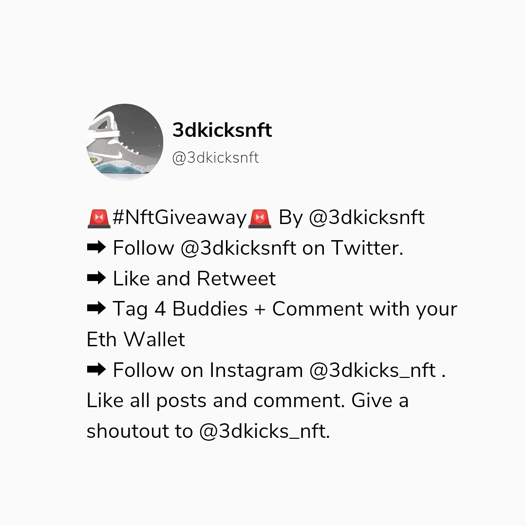3dkicksnft's tweet photo. @MattTea5 🚨#NftGiveaway 🚨 By @3dkicksnft
Ends on 16th June, 2021

#NFT #NFTartists #nftcollectors #nfts #nftcollector #NFTCommunity #NFTartist #cryptoart #cryptoartist #digitalart #NFTartists #opensea #nftart #NFTcollectibles #NFTGiveaway #cryptotrading #cryptopunks https://t.co/Fymzf6AcBk
