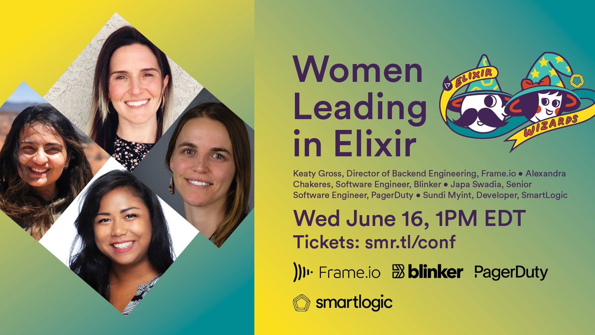 smartlogic's tweet photo. We're very excited for the Women Leading in Elixir panel at Elixir Wizards |> Conference on June 16, with Keaty Gross from @Frame_io, @japa2292 from @pagerduty, and Alexandra Chakeres from @blinkerapp. 

See our full schedule and snag your tickets here: https://t.co/HYwH6aQQWb https://t.co/QcXhN4y7mr