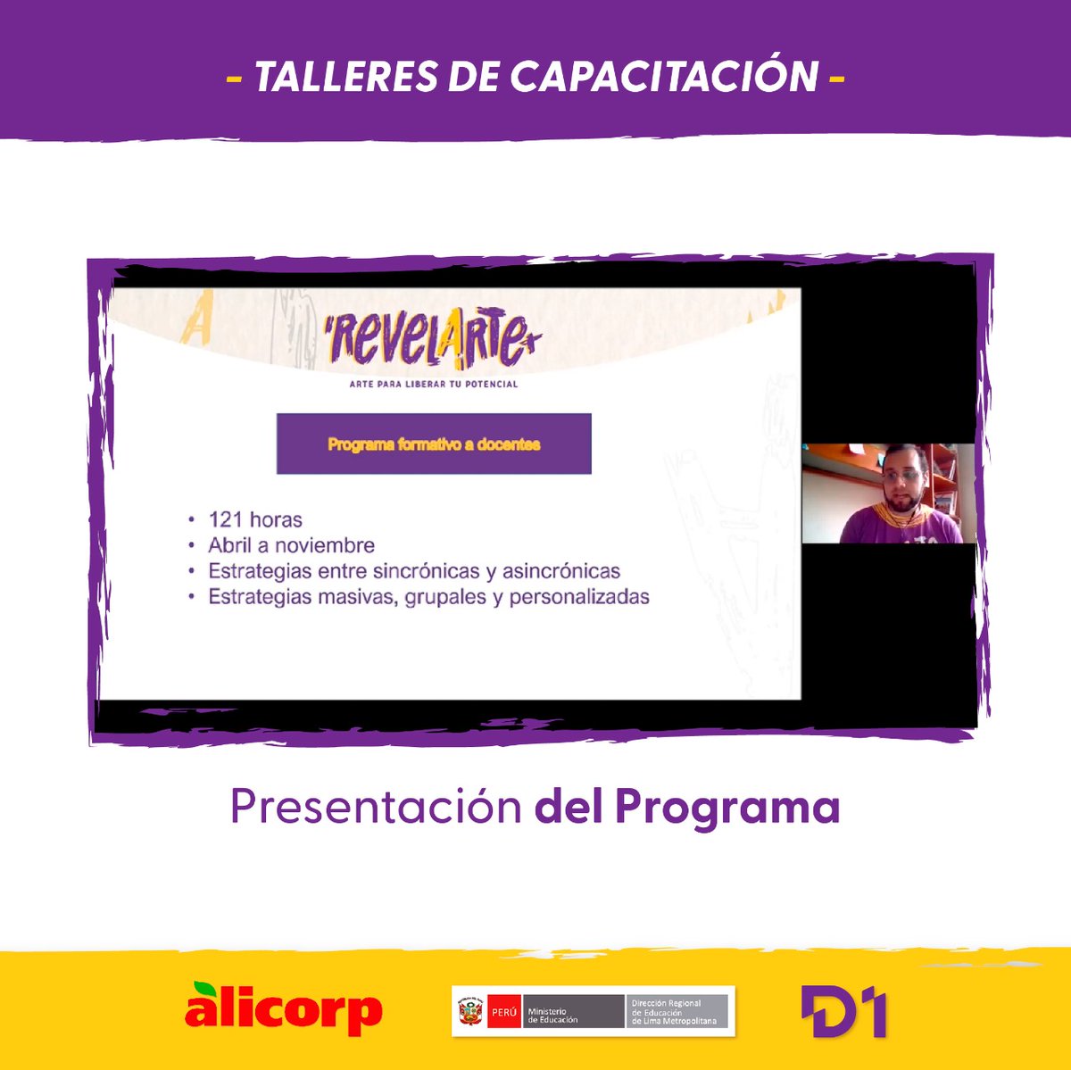 D1AC_Oficial's tweet photo. #RevelArte
Continuamos #capacitando a #docentes del #Perú a través de nuestro taller: "Integrando la metodología #RevelArte en mis experiencias de #aprendizaje para #Arte y #Cultura".✨Gracias @drelm_lima y @AlicorpOficial por #transformar la educación a través de las artes.💜 https://t.co/8lIp2TIS4W