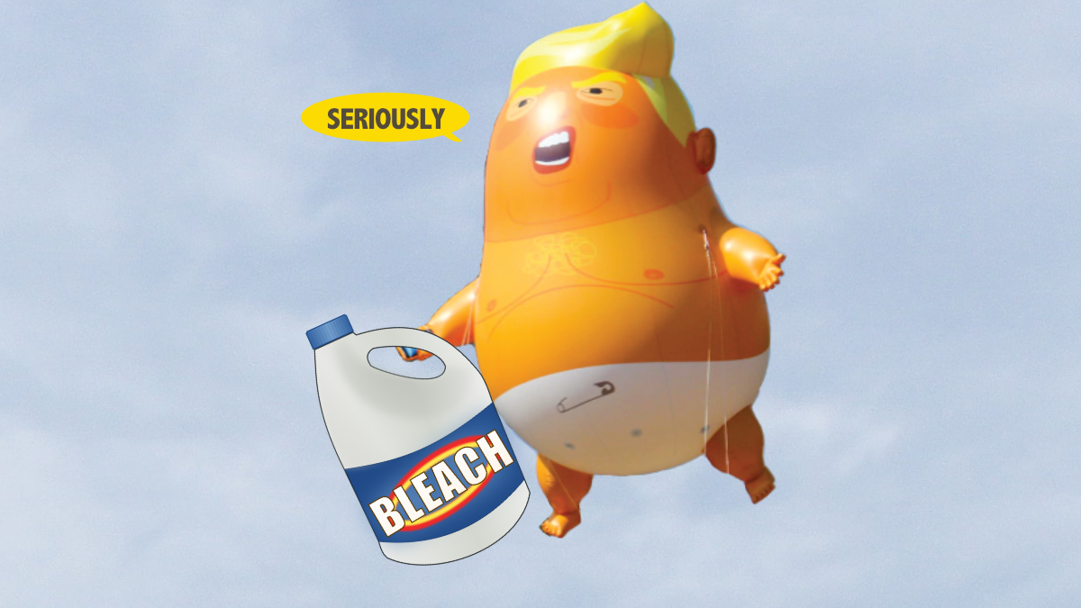 Baby Trump balloon holding a bleach bottle.
