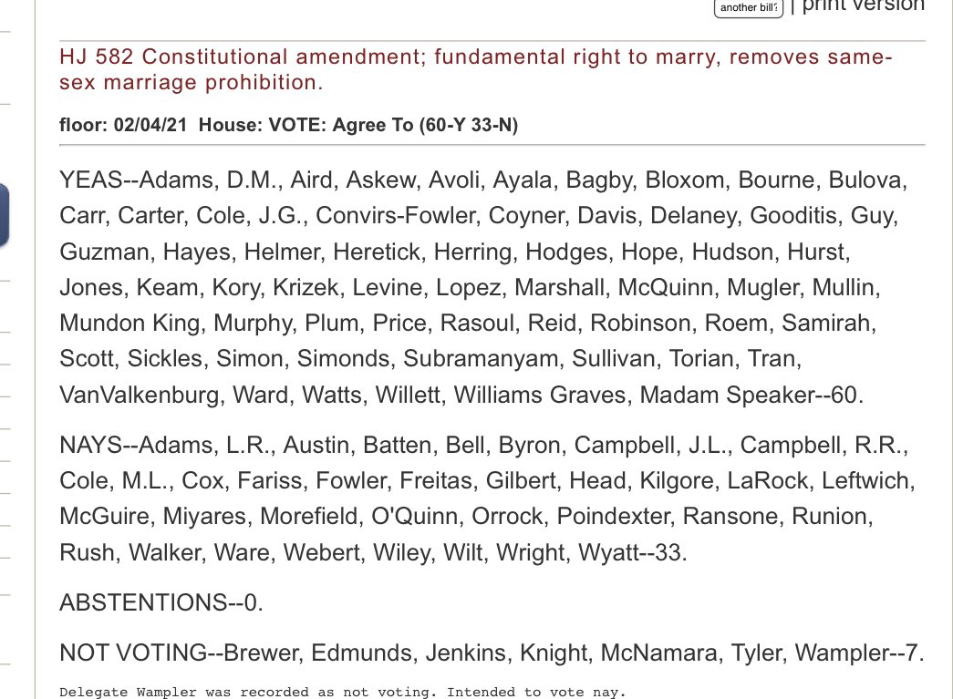 KFordCB9's tweet photo. Here’s the roll call for the joint resolutions that simply gave Virginians the chance to vote on whether or not the Constitution of Virginia should contain language banning same-sex marriage. Let’s not forget how people voted even though the amendment is currently unenforceable. https://t.co/FLzSb1tqrB