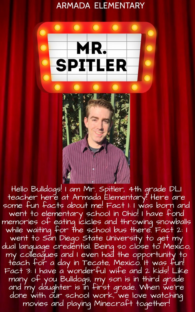 MZ_MurielV's tweet photo. @ArmadaElem 🐾 FAMILY SPOTLIGHT 🌟
Mr. Spitler - 4th Grade DLI 📚
🎥 ENFOQUE DE LA FAMILIA 🐾 ARMADA 🌟
Señor Spitler- Inmersion dual de 4to grado 📚 https://t.co/0Lb6Apl2LO