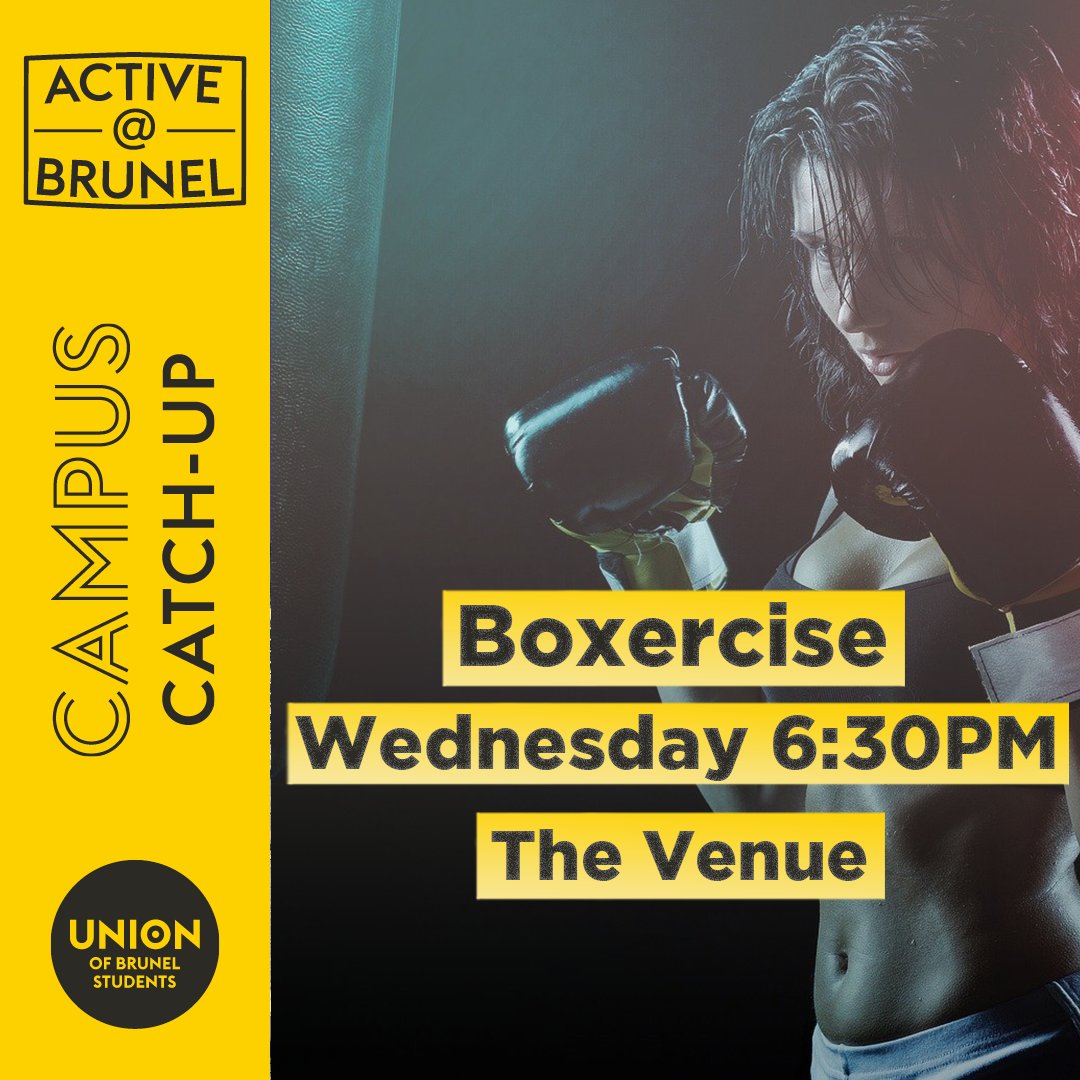 ActiveatBrunel's tweet photo. Campus Catch-Up! ⏪
Boxercise Class 🥊

📍The Venue
📆TODAY!
⏰6:30pm 

Join us soon for a great fitness class! Release that exam stress with us 💥
MAX 15 PEOPLE! HURRY‼️
#CampusCatchUp #StayActive https://t.co/f4i8z5yuwk