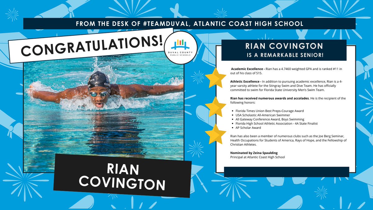 DuvalSchools's tweet photo. "Rian’s incredible records are even more impressive when considering what he has overcome. In the midst of multiple surgeries and treatments, Rian was still able to stay on top.  

We're sad to see him go but know he'll represent us well at FSU in the fall!" - Principal Spaulding https://t.co/dEgtZnwaRV