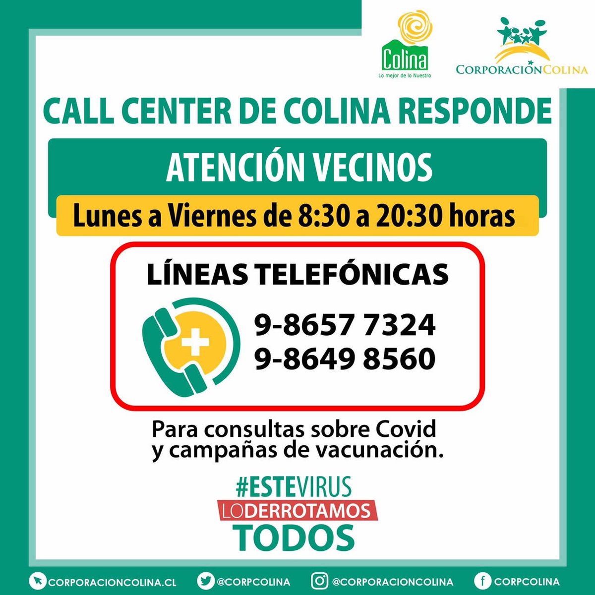 MuniColina's tweet image. #ColinaResponde
@CorpColinaSalud informa que el call center Colina Responde funcionará de lunes a viernes de 8:30 a 20:30 horas, resolviendo dudas sobre la campaña de vacunación masiva y relativas a la pandemia de #COVID19.
@mario_olavarria