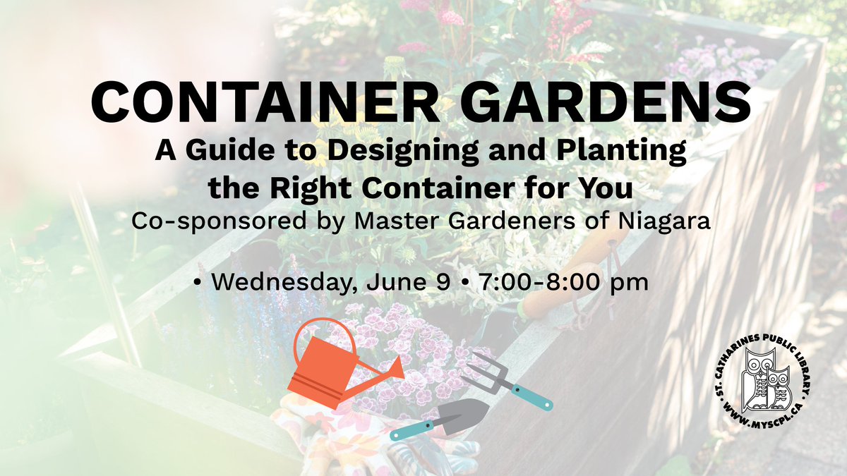 stcathlibrary's tweet image. Learn the key elements to beautiful and healthy container gardens!

Join us next Wednesday, June 9 at 7 PM on Zoom to hear from Master Gardener Kendy Steeves, who will provide helpful tips and advice!

Register here: scplcontainergardens.eventbrite.ca

#scplibrary #gardening #stcatharines