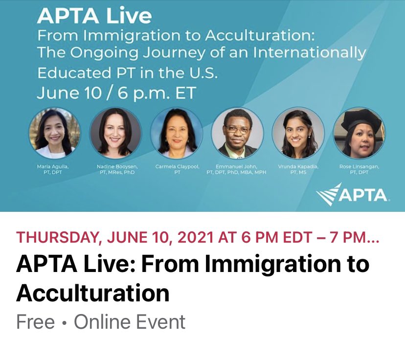 Join <a href="/mariadoctorofpt/">MariaDoctorofPT</a> and the @APTAtweets Internationally Educated PT Staff Work Group on our next Facebook Live Event:

From Immigration to Acculturation

fb.me/e/3X1A1VcOB 1/n