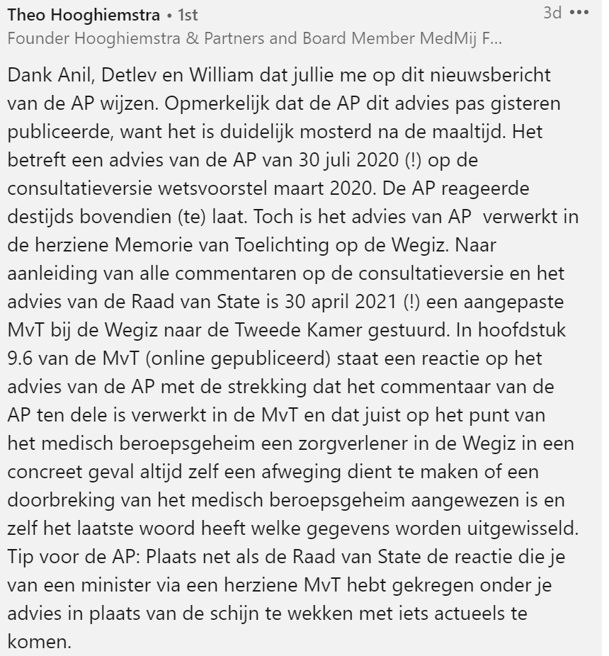 <a href="/lorelei3112/">Lorelei3112 🇪🇺 🇺🇦</a> Dit is een advies van de AP van een jaar geleden. De wet en de memorie zijn aangepast op het advies. Zie ook de opmerkingen van  <a href="/THooghiemstra/">Theo Hooghiemstra</a> op LinkedIn.