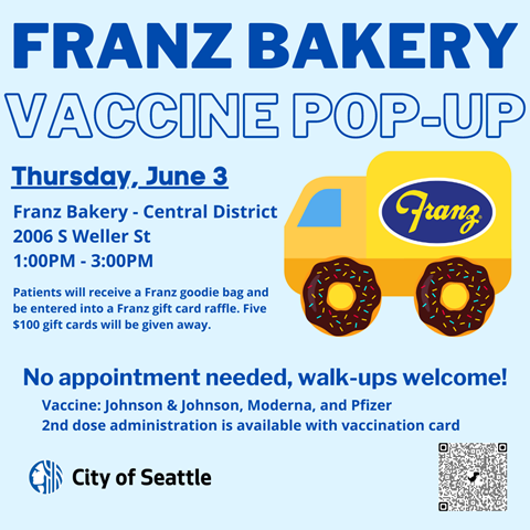 💉Need a COVID-19 vaccine? The <a href="/CityofSeattle/">City of Seattle</a> is hosting a vaccine pop-up in the Central District tomorrow 6/3! 
Details: 2006 S Weller St, 1-3 PM 
Event Page: fb.me/e/2gXNC4bMn