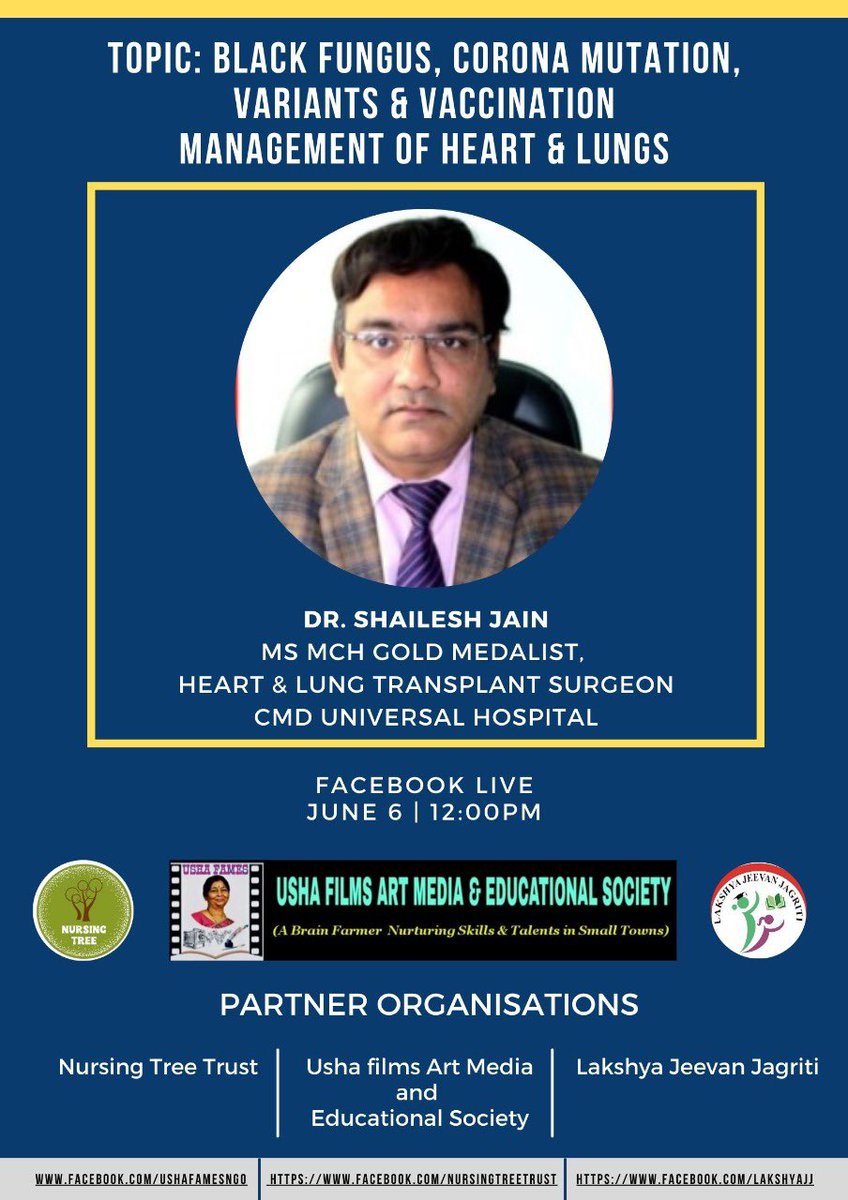 NursingTree's tweet photo. Join FACEBOOK LIVE
With 
Dr Shailesh Jain
Heart &amp; Lung Transplant Surgeon, CMD Universal Hospital, New Delhi
Topic: Management of Heart &amp; Lungs
On Sunday 12 pm, 6th June  2021

Web Page/ Link
https://t.co/cOpEWz9Zxa
https://t.co/d9AS9SqOSO
https://t.co/V85WKfUDps https://t.co/UZbg2oJI8T