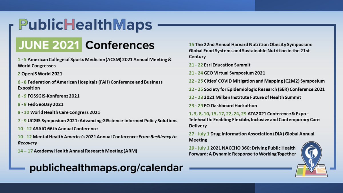 PublicHealthMap's tweet photo. What's happening in #June? See our calendar of events!
* @Esri Education Summit
* 2021 #NACCHO 360
* #UCGIS2021 Symposium
* #NationalSafetyMonth
* #LightningSafetyAwarenessWeek
* #PublicHealthMaps Day!๐โ๏ธ๐บ๏ธ
#HealthObservances #SciComm #PublicHealth #GIS
https://t.co/wNIXSO5Q9W https://t.co/Zlp0XtfhUG