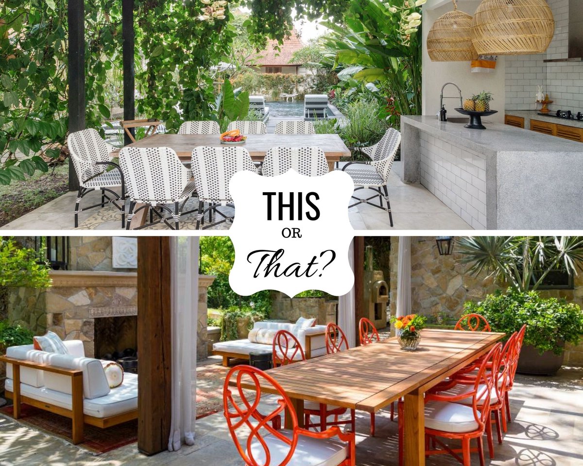 TonyaStahl's tweet image. Multifunctional backyards are in! Which outside dining area could you kick back in? This or that? 🤔 #hometrends #backyarddining