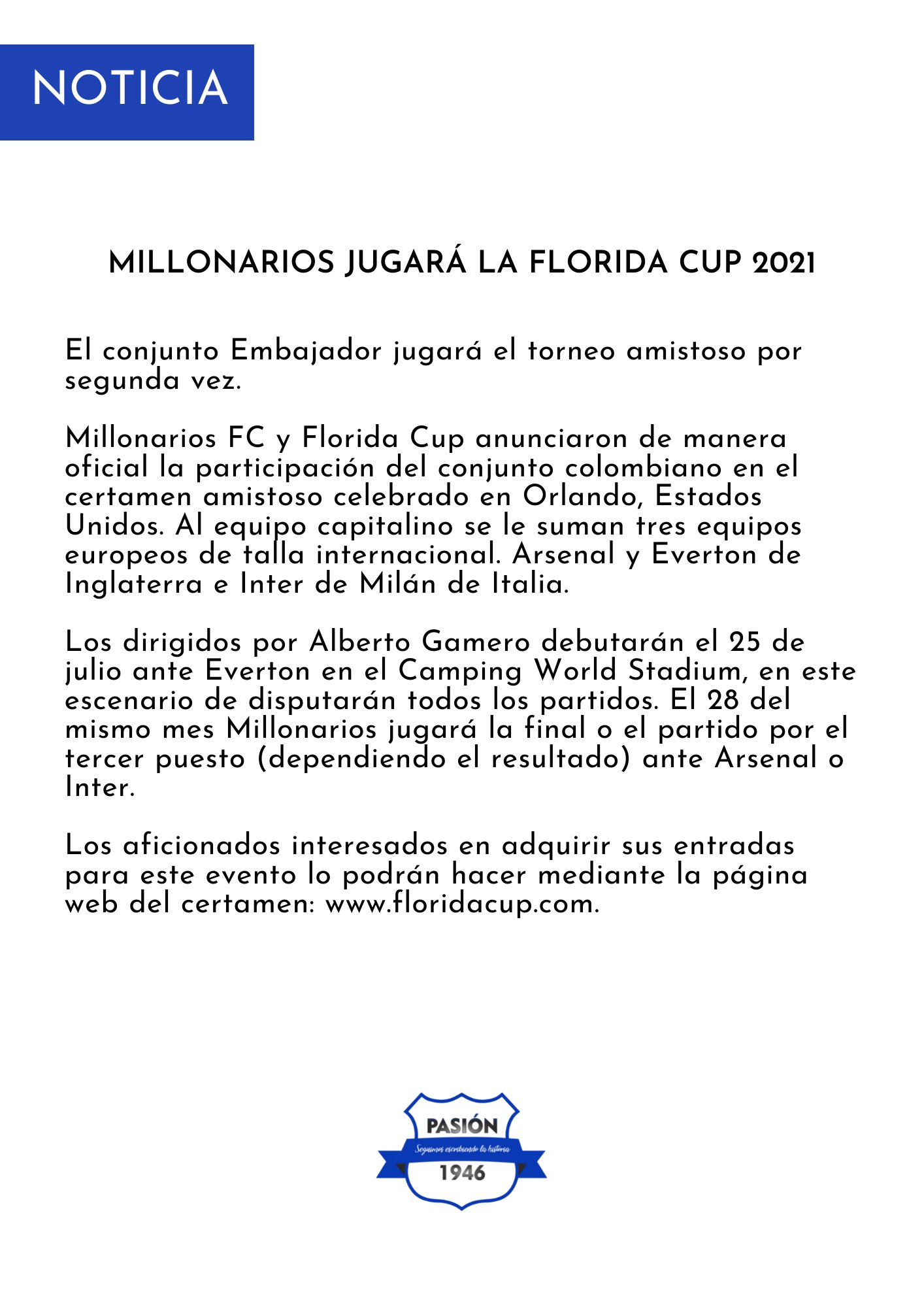 Pasion 1946 On Twitter Millonarios Disputara La Florida Cup Edicion 2021