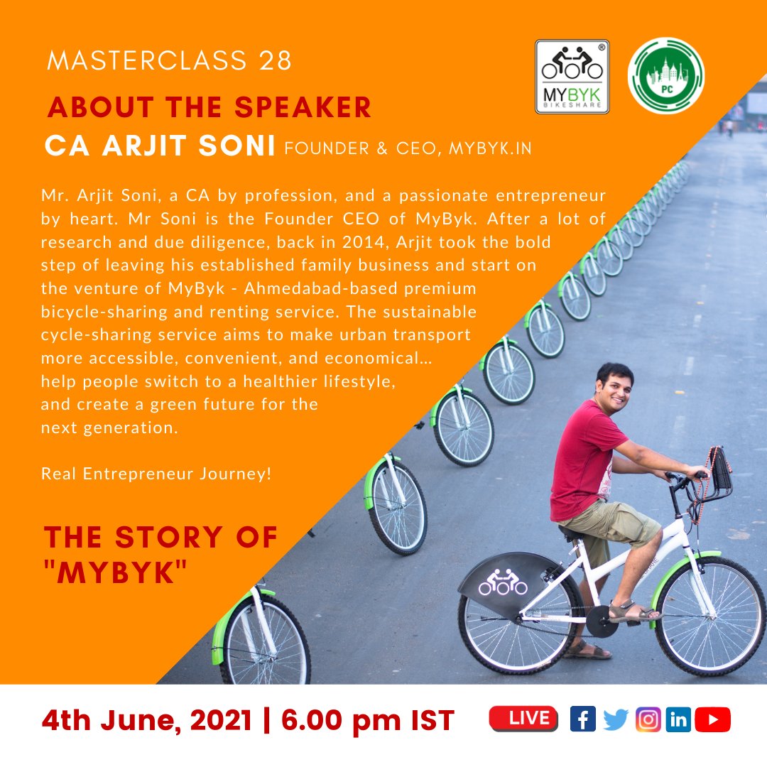 practicalcities's tweet photo. This Friday : Masterclass 28 "The Story of MYBYK, beginning of the cycle revolution in India"
About Speaker : @arjitsoni12 (Founder and CEO, @mybyk_in )
Live at : https://t.co/bytor9inRv
#practicalcities #cycle #ahmedabad #mybyk #cyclesharing #placemaking #urbandesign https://t.co/XyeibDjghk