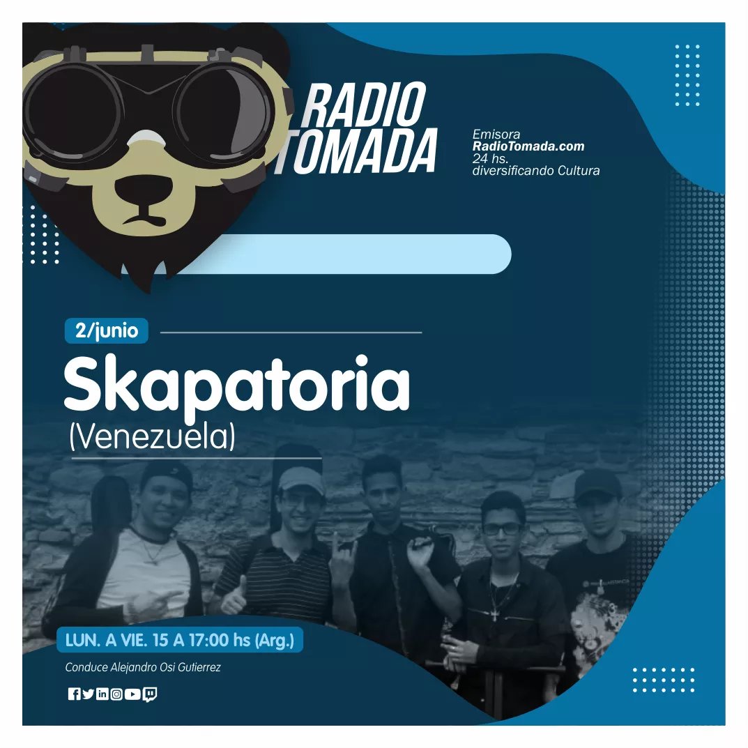 RadioTomadaOK's tweet photo. Miércoles 2 de junio de 2021.
Entrevistamos a:
@skapatoria #venezuela🇻🇪
@juandelsur.musica #españa🇪🇸
@crohma.band #elsalvador🇭🇳
@kefasmusic #puertorico🇵🇷
Podés vernos en vivo por:
https://t.co/ytF6eozEXp
https://t.co/2ShxvP2C3Q
https://t.co/eU38ySsmmh
https://t.co/e6133h3LHt https://t.co/IUbLaHylh5