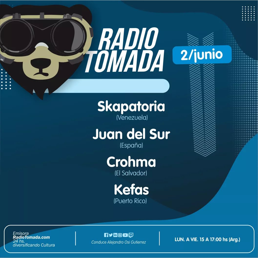 RadioTomadaOK's tweet photo. Miércoles 2 de junio de 2021.
Entrevistamos a:
@skapatoria #venezuela🇻🇪
@juandelsur.musica #españa🇪🇸
@crohma.band #elsalvador🇭🇳
@kefasmusic #puertorico🇵🇷
Podés vernos en vivo por:
https://t.co/ytF6eozEXp
https://t.co/2ShxvP2C3Q
https://t.co/eU38ySsmmh
https://t.co/e6133h3LHt https://t.co/IUbLaHylh5