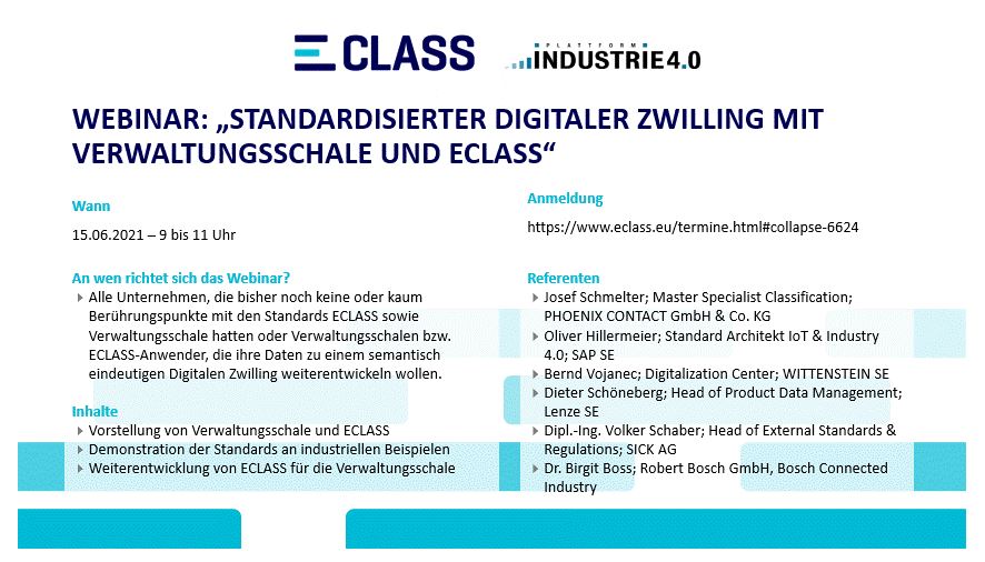 Plattform-I4.0 (@plattform_i40) on Twitter photo Webinar „Standardisierter #DigitalerZwilling mit #Verwaltungsschale und #ECLASS“
📅15. Juni
<a href="/plattform_i40/">Plattform-I4.0</a> und <a href="/eClassStandard/">ECLASS - Master Data Standard, Semantics for IoT</a> zeigen die Synergien zwischen Verwaltungsschale und ECLASS Standard
Jetzt kostenfrei anmelden❗
fal.cn/3fNxH
FYI: <a href="/sci_40/">SCI 4.0</a> <a href="/LNI40/">LNI 4.0</a> <a href="/iota/">IOTA</a> Webinar „Standardisierter #DigitalerZwilling mit #Verwaltungsschale und #ECLASS“
📅15. Juni
<a href="/plattform_i40/">Plattform-I4.0</a> und <a href="/eClassStandard/">ECLASS - Master Data Standard, Semantics for IoT</a> zeigen die Synergien zwischen Verwaltungsschale und ECLASS Standard
Jetzt kostenfrei anmelden❗
fal.cn/3fNxH
FYI: <a href="/sci_40/">SCI 4.0</a> <a href="/LNI40/">LNI 4.0</a> <a href="/iota/">IOTA</a>