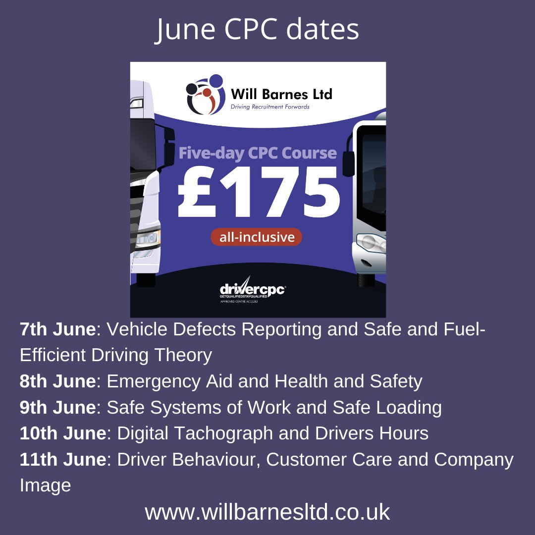 willbarnesltd's tweet image. CPC for June.  £175 and includes upload and VAT. Five different courses meaning you&apos;ll be fully qualified in a week.  Here are the first dates.

To book your place please email training@willbarnesltd.co.uk.
Courses are available also online via Zoom.

#cpc #cpctraining #kentcpc
