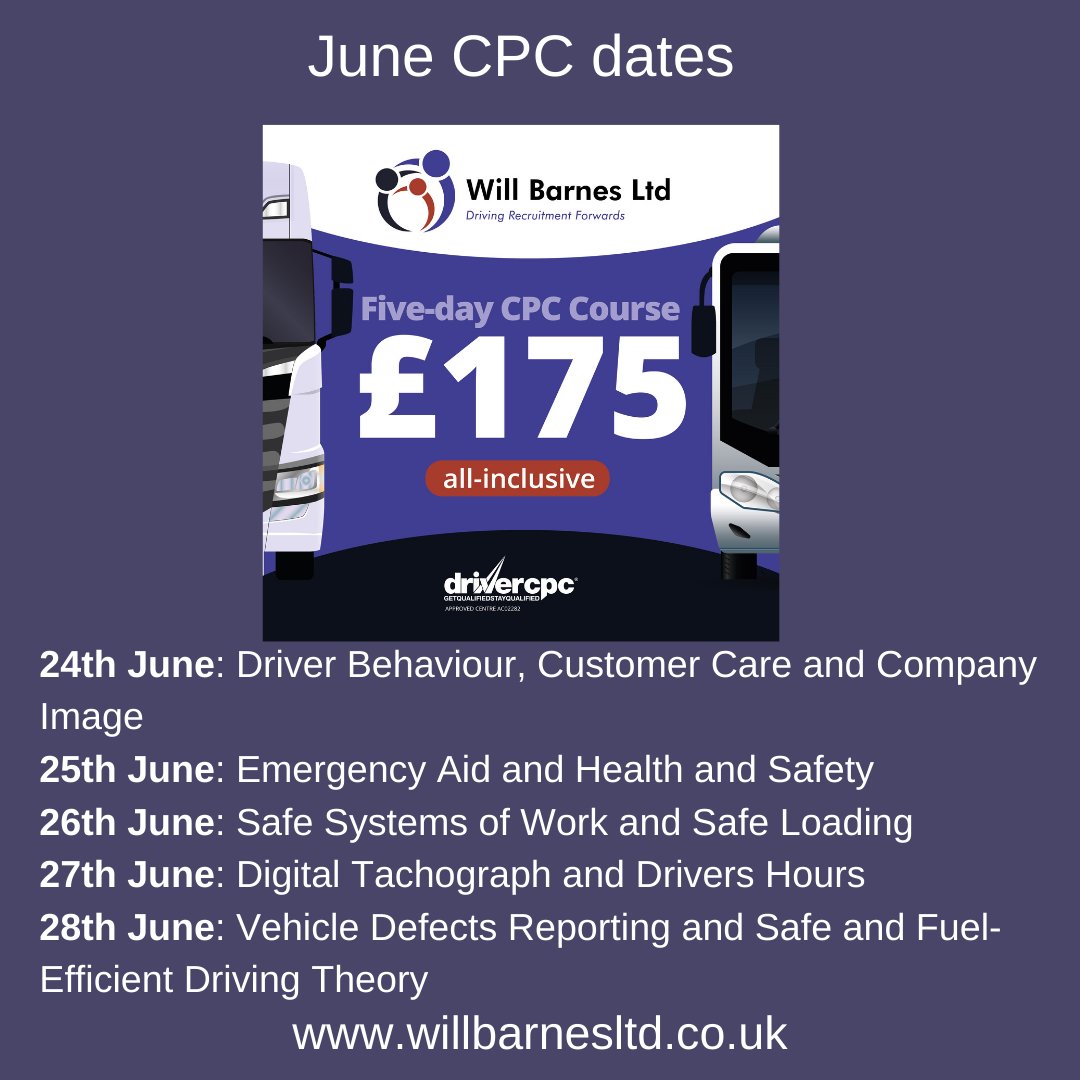 willbarnesltd's tweet image. CPC for June.  £175 and includes upload and VAT. Five different courses meaning you&apos;ll be fully qualified in a week.  Here are the second dates.

To book your place please email training@willbarnesltd.co.uk.
Courses are available also online via Zoom.

#cpc #cpctraining #kentcpc