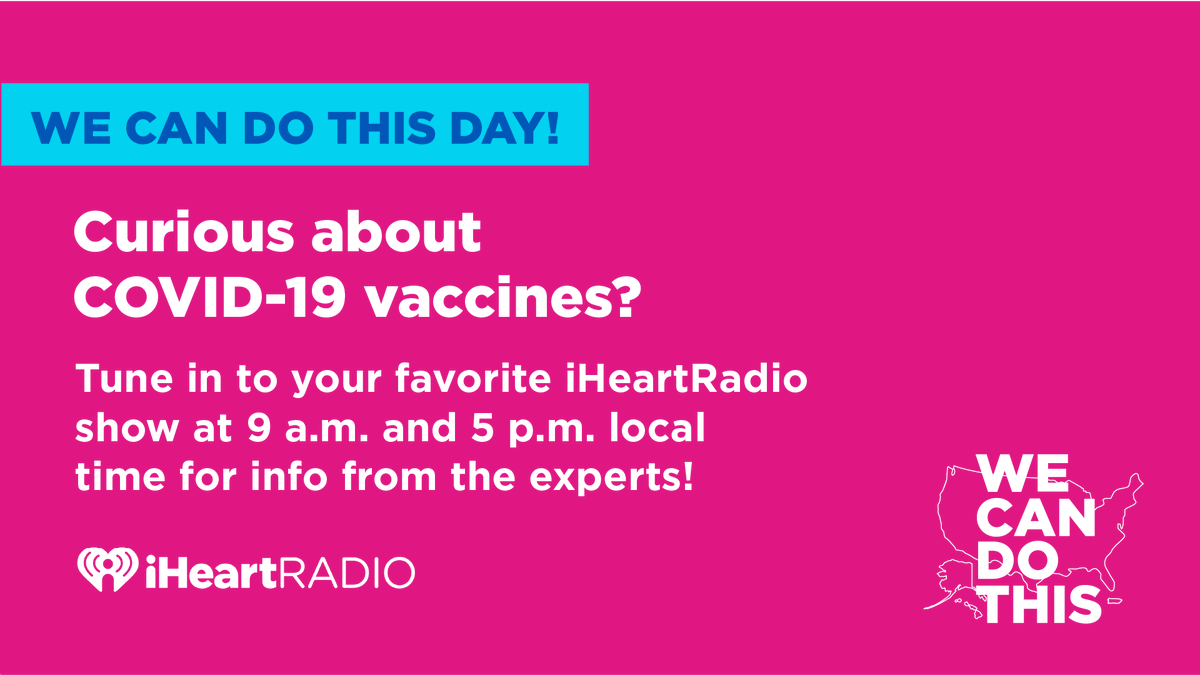 US_FDA's tweet photo. Get the latest info on COVID-19 vaccines from medical experts! 

Tune in to We Can Do This Day on your favorite iHeartRadio shows 9 a.m. and 5 p.m. local time. 

Find vaccines near you today at https://t.co/XWraw5KUyC. 
#WeCanDoThis https://t.co/dZVrALmpCX