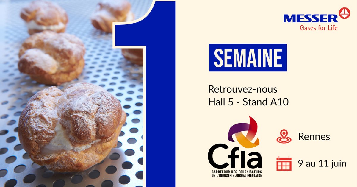 ⏳ Le #CFIARennes ouvrira ses portes le 9⃣ juin. Et nous serons au rendez-vous pour cette reprise des salons. Venez parler de vos projets avec notre équipe Hall 5, Stand A10. En attendant, découvrez comment les #GazAlimentaires peuvent vous aider😃👉messer.fr/agroalimentaire #IAA