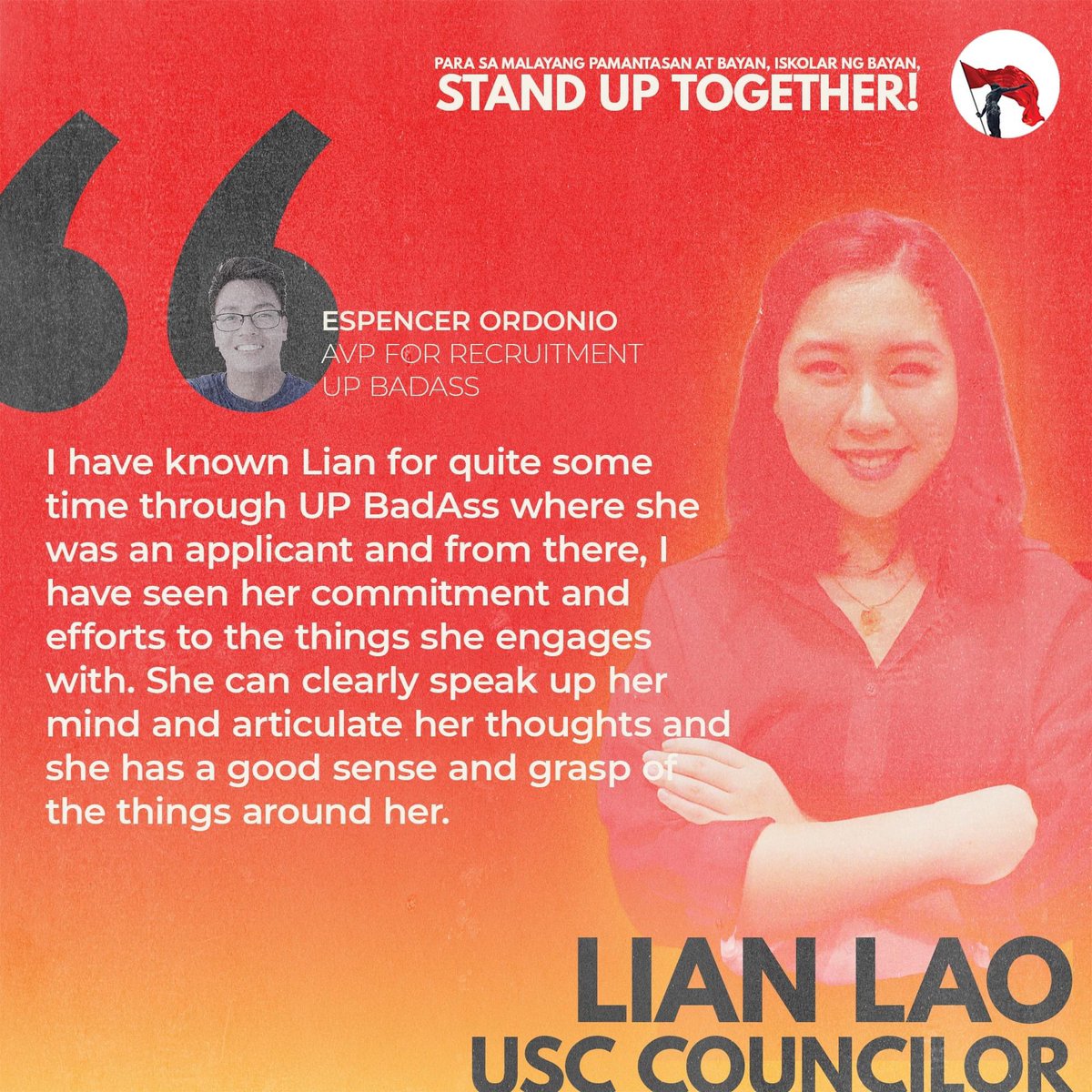 STANDwithLIAN's tweet photo. VOUCH! ✊🏻

Alamin natin ang mga masasabi, ngayon naman nina Espencer Ordonio at Elymie Pulido tungkol sa ating susunod na USC Councilor!

Para sa siyentipiko at makamasang pag-unlad! 

#iLaoNgKinabukasan
#StandUPTogether https://t.co/9QRamqYTkc