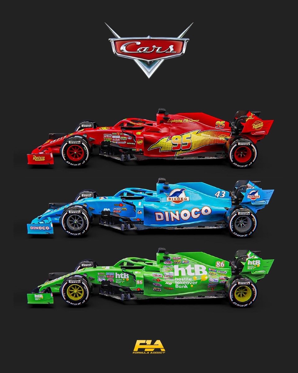 Motorsport's tweet photo. KacHOW good does that Dinoco blue look on an F1 car? 😍💙🦕⁠
⁠
Which one is your favourite? 💬⁠
⁠
🎨 @F1ADDICT3
⁠
#F1 #Formula1 #Motorsport #Racing #disney #cars https://t.co/Eiv103N1KO