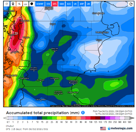 eamarcuzzi's tweet photo. Atención por importantes precipitaciones entre esta tarde o noche y la noche del viernes sobre Chubut. Rige alerta oficial. 
La imagen muestra los valores acumulados estimados por el modelo GFS.  
@barciaml @OsoBareilles @MaruOrtizTw https://t.co/reK2KAHp9G