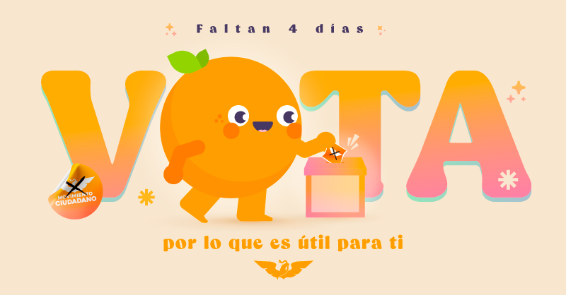 MovCiudadanoMX's tweet photo. Compas, ya estamos a 4 días de la elección. Voten por sus causas, por lo que creen. Este 6 de junio #VotaNaranja. 🍊🍊 https://t.co/NsJlAjbKcP