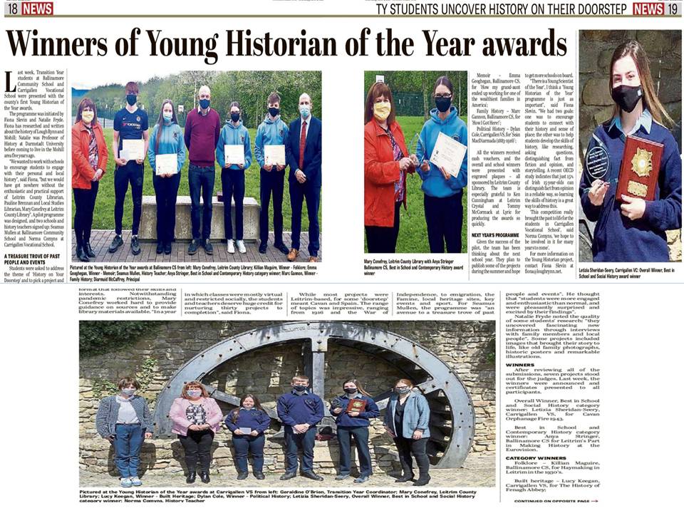 leitrimcoco's tweet photo. Carrigallen Vocational School &amp; @BallinamoreCS TY students uncover 'History on the Doorstep'.  Winners of Young Historian of the year awards announced in this week's Leitrim Observer.  Well done to all the participating students!👏
@YoungHistorianIE @LibrariesIre @BallinamoreCS https://t.co/BUHldVeQbI