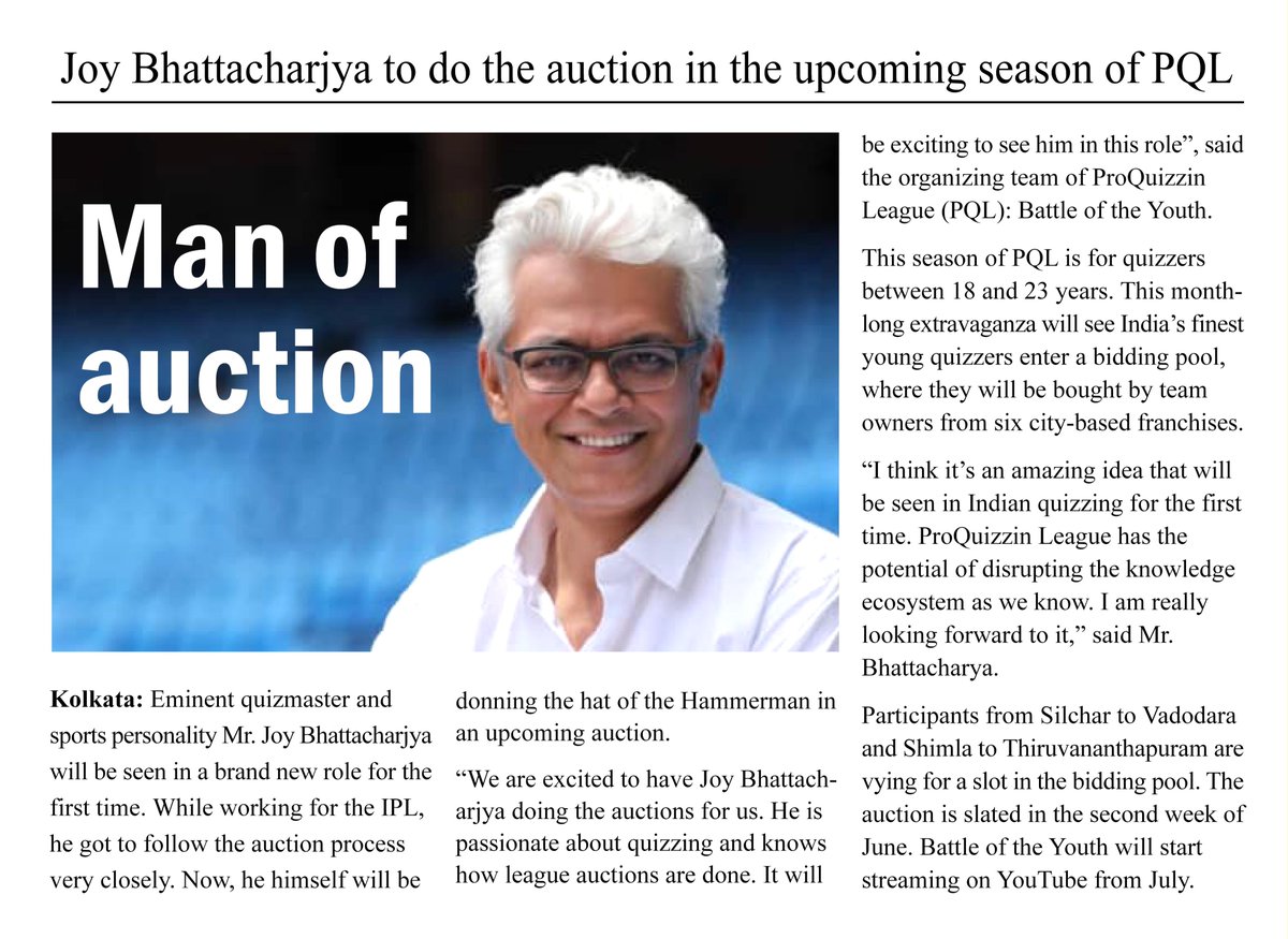 BIG BREAKING:

You must have seen him in the KKR Dugout or on <a href="/cricbuzz/">Cricbuzz</a>. This edition of ProQuizzin League, you are going to watch him in a different avatar.

Ladies and gentlemen, meet the auctioneer of Battle of the Youth 2021, Mr Joy Bhattacharjya!

<a href="/joybhattacharj/">Joy Bhattacharjya</a>