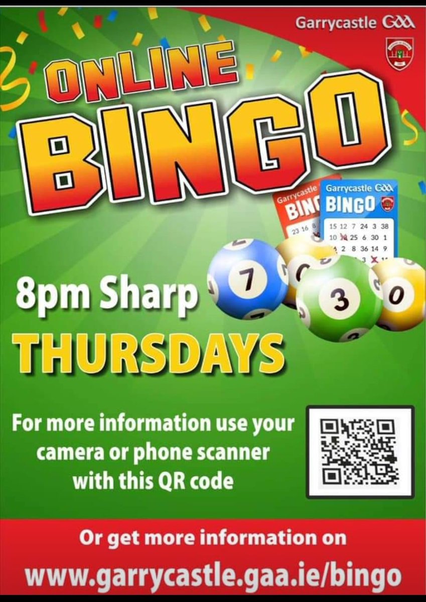 🖋 Online Bingo 📋
Don't forget that this weeks Online Bingo will have a special Game 5 Bonus Prize of a Smart TV (t&amp;c apply)😀

Get your books online before 2pm Thursday for this weeks game.

All details on garrycastle.gaa.ie/bingo
