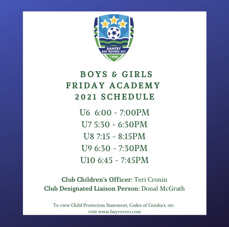 Bantry Bay Rovers (@bayroversbantry) on Twitter photo Our Academy is now Open for Boys & Girls in each Age Group 
Starts Friday 4th June 2021 
A great way to have fun, make new friends, get active and learn new skills. 
Please check the schedule and make sure that you register online. 
We can’t wait to get back ⚽️ Our Academy is now Open for Boys & Girls in each Age Group 
Starts Friday 4th June 2021 
A great way to have fun, make new friends, get active and learn new skills. 
Please check the schedule and make sure that you register online. 
We can’t wait to get back ⚽️