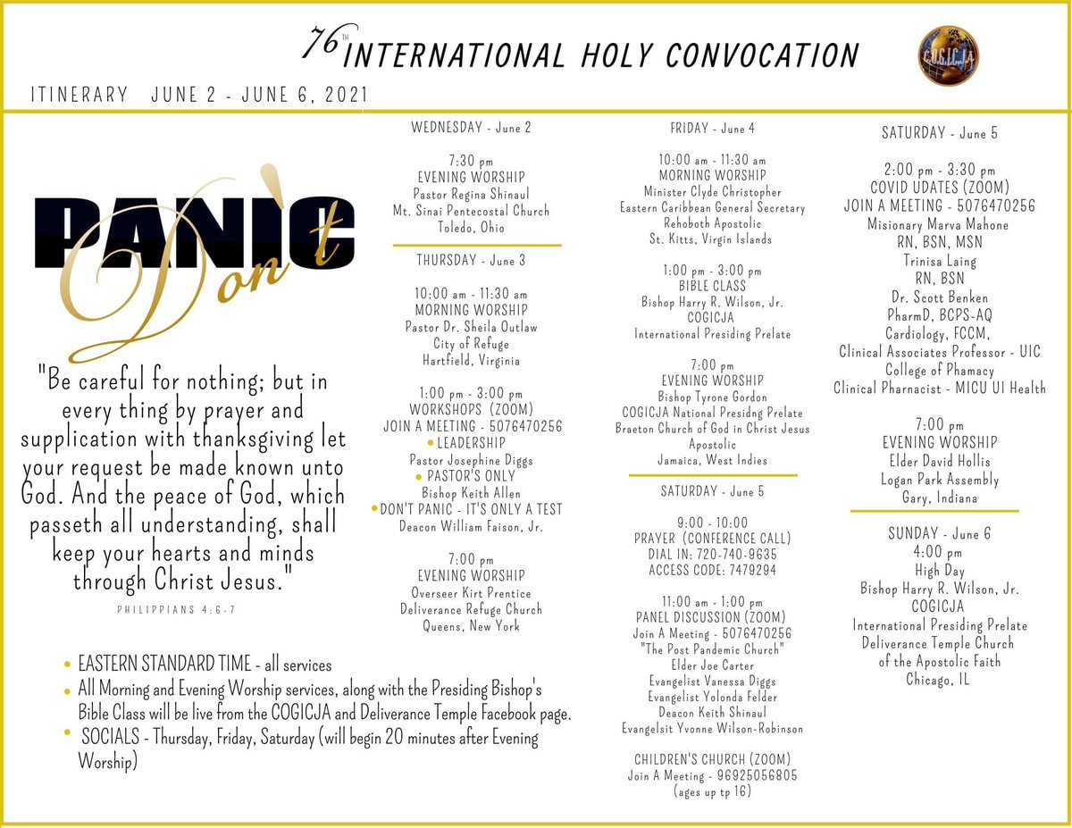COGICJA's tweet photo. Praise the Lord. Today is the day we kickoff our 76th Annual Convocation! We would love for you to participate in as many parts of the meeting as possible. Our schedule events are above and we hope you join us! #76Years #HolyConvocation #DontPanic #VirtualExperience #COGICJA https://t.co/t0A5Uvob4A