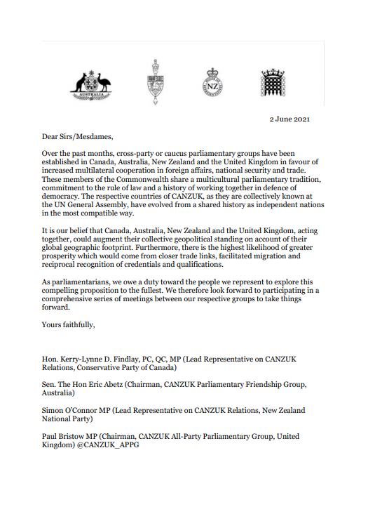 KerryLynneFindl's tweet photo. Today, I signed a joint statement along with my counterparts in AUS, NZ, and the UK. Closer ties with three of our oldest friends, including freer trade, facilitated migration, reciprocal skills recognition, and more would foster a new era of opportunity for Canadians. #CANZUK https://t.co/PgiRNqn2Xg
