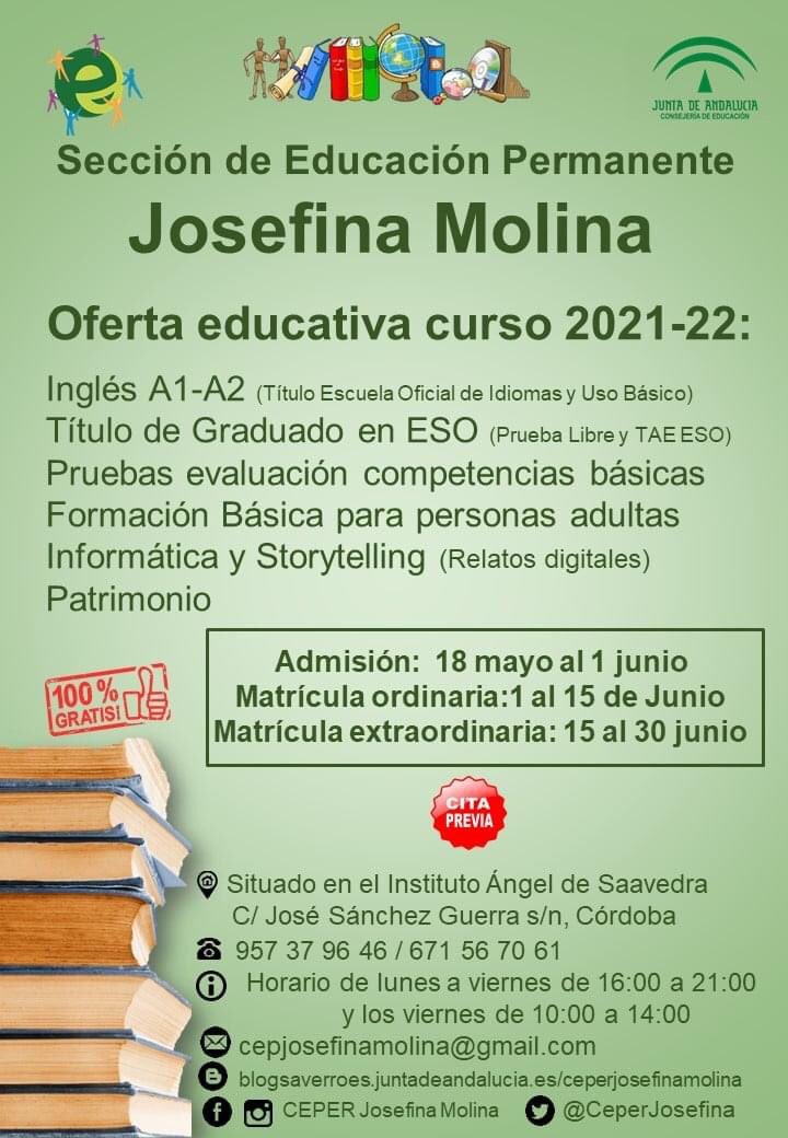 CeperJosefina's tweet photo. ABIERTA MATRÍCULA 21-22 HASTA EL 15 JUNIO
¿Tienes más de 18 años? Gratuitamente puedes estudiar un idioma con titulación oficial de la EOI, conseguir el título de ESO, aprender Informática y mucho más. ¡Anímate! Te esperamos de 16:00 a 21:00y solicitando cita previa  671-56-70-61 https://t.co/51XMcMFS86
