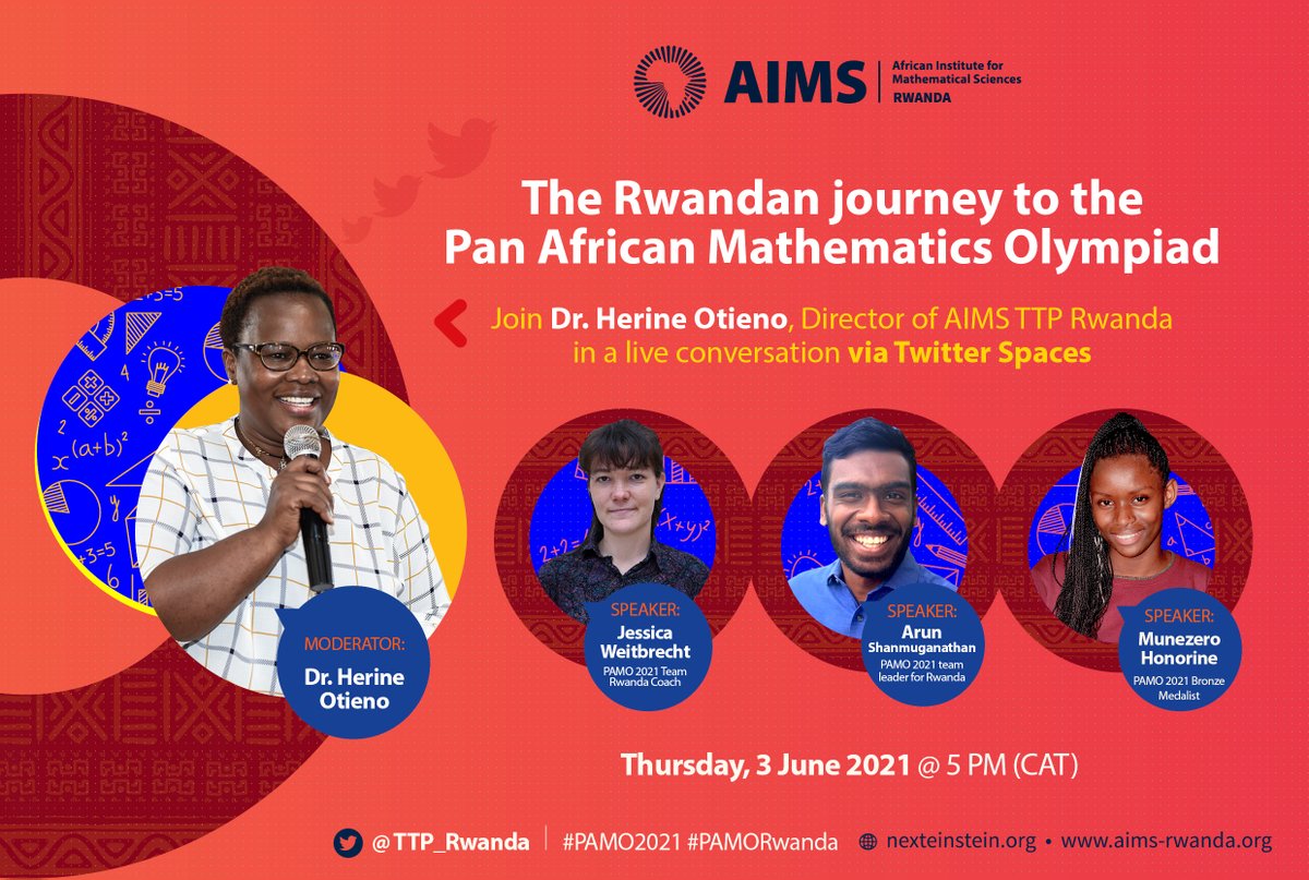 As we are gearing up for the awarding ceremony of the #PAMO2021 Team Rwanda, Please join us as we discuss the journey of our 6 prodigies.  

Conversations will be Hosted by <a href="/DrotienoM/">AfricasOwnEducationDoctor & EducationEvangelist</a> on Thursday 03 June 2021 at 5pm. 

x.com/i/spaces/1Mnxn…