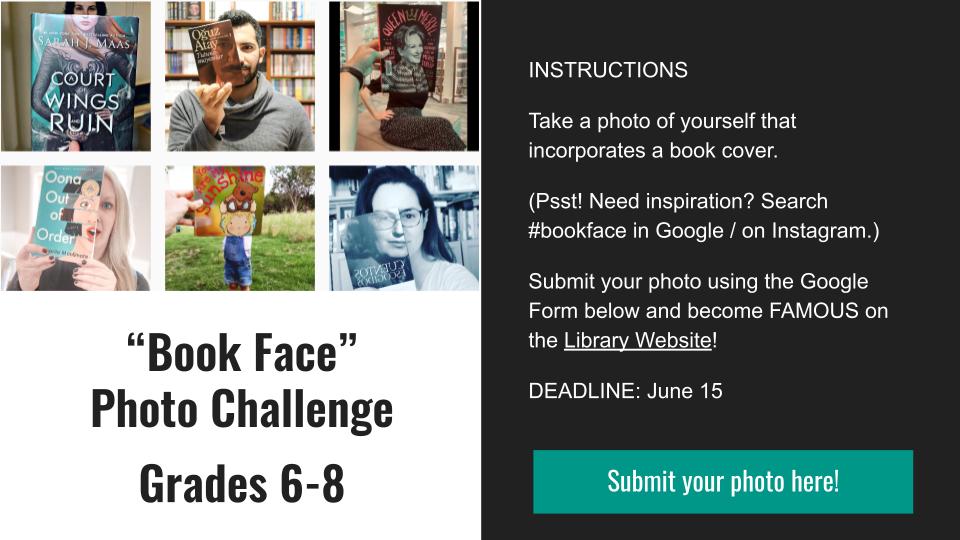 Feeling restless? Channel that energy into joining the library's "Book Face" photo challenge! Submissions due June 15. Visit cutt.ly/WIDphotochalle… for details.