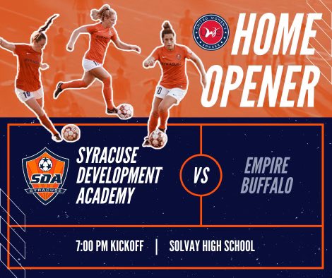 SyracuseDA's tweet image. TONIGHT at 7 PM! Come support the SDA United Women’s Soccer team in their home opening match against Empire Buffalo. Kickoff at 7 @ Solvay High School. Let’s go SDA!