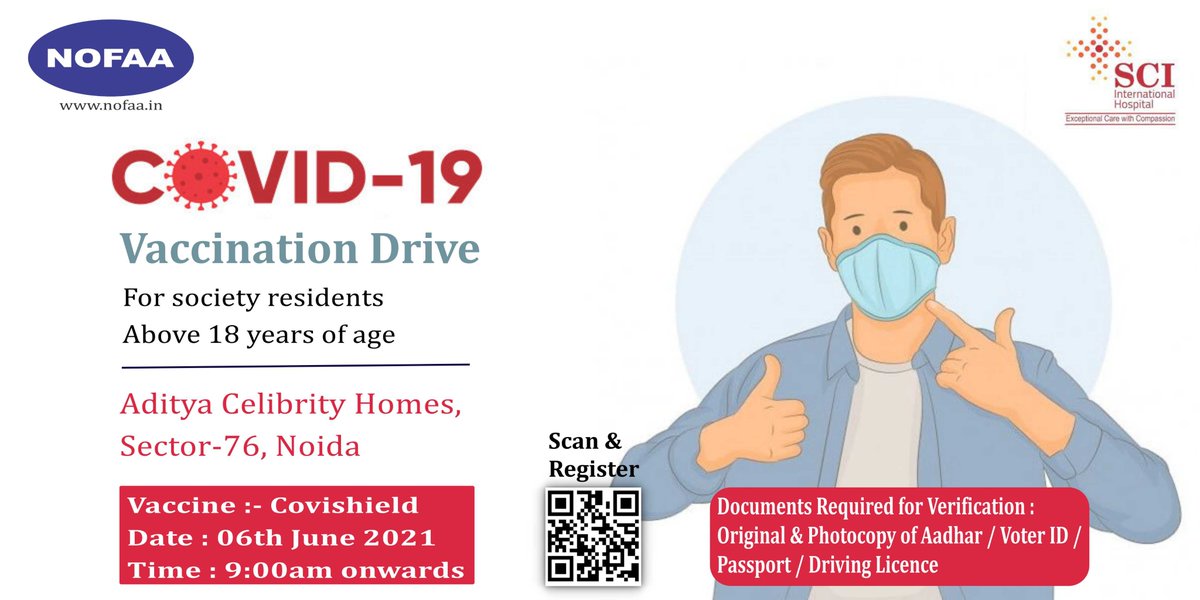 NOFAATIMES's tweet photo. #COVID19 Vaccination Camp is scheduled on 6th June 2021 at Aditya Celebrity Homes, Sector 76, Noida.
Neighbouring Society Residents can also get them vaccinated.
Please register at https://t.co/V828XMVyiC
@Noida7x @Noida7XTeam @puneet0502 @Noida_Residents @CeoNoida https://t.co/qzINsgM2K3