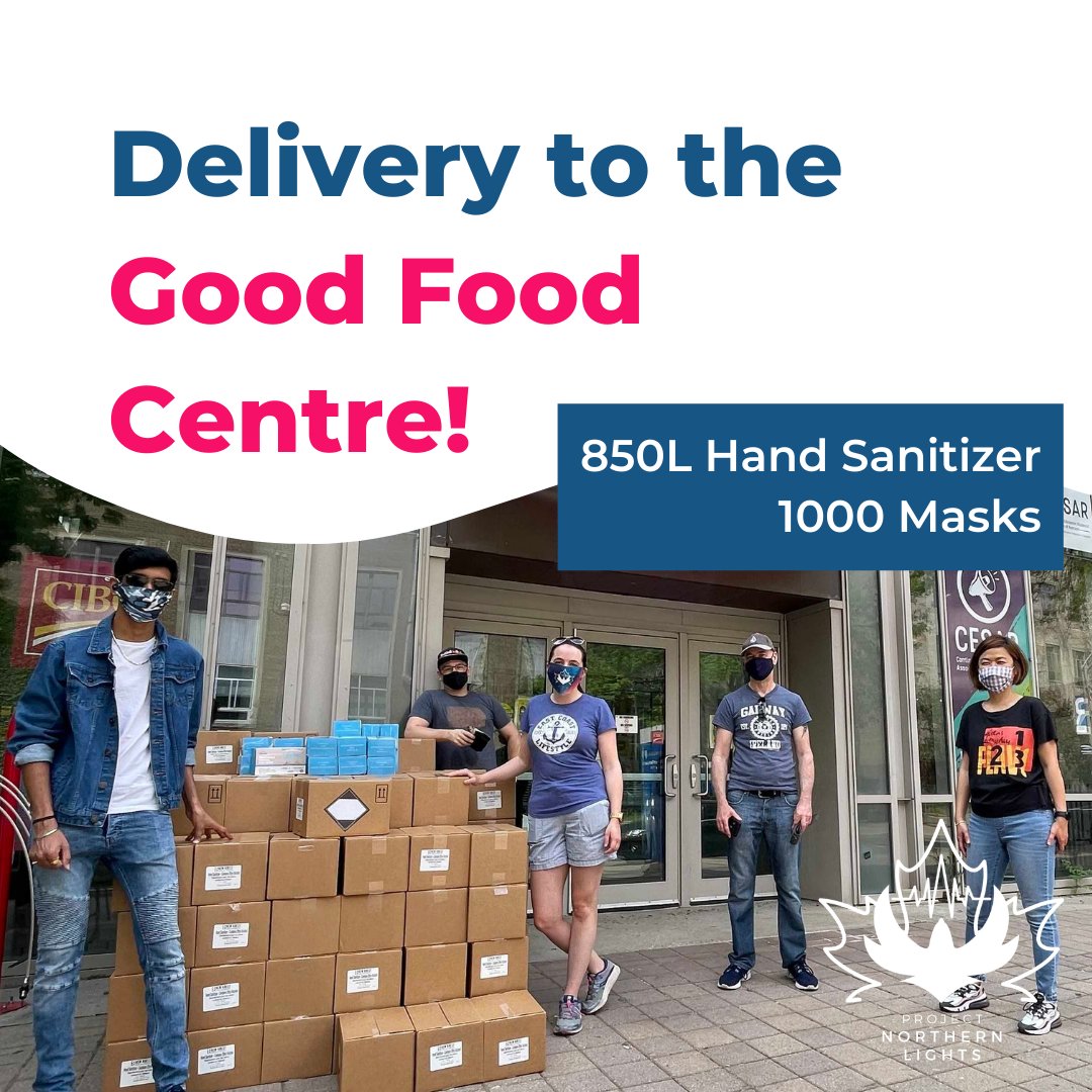 NorthrnLightsCA's tweet photo. #ProjectNorthernLights recently delivered #HandSanitizer and #masks to the @goodfoodcentre, a food equity service provided by the Ryerson Students' Union. 

Thank you to everyone involved for all your hard work and dedication! https://t.co/RfEoNjowAt