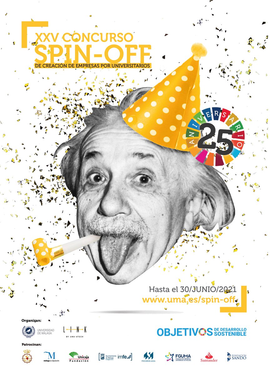 #Linker el Concurso #SpinOff de la <a href="/InfoUMA/">Universidad de Málaga</a> celebra su #25Aniversario!! 🥳🎊 #25SpinOffUMA
¡Preséntate a la XXV edición del #concurso de creación de empresas en el ámbito universitario! 
🌍Proyectos vinculados a los #ODS2030
📆Hasta 30/JUN
+info👉link.uma.es/spin-off/