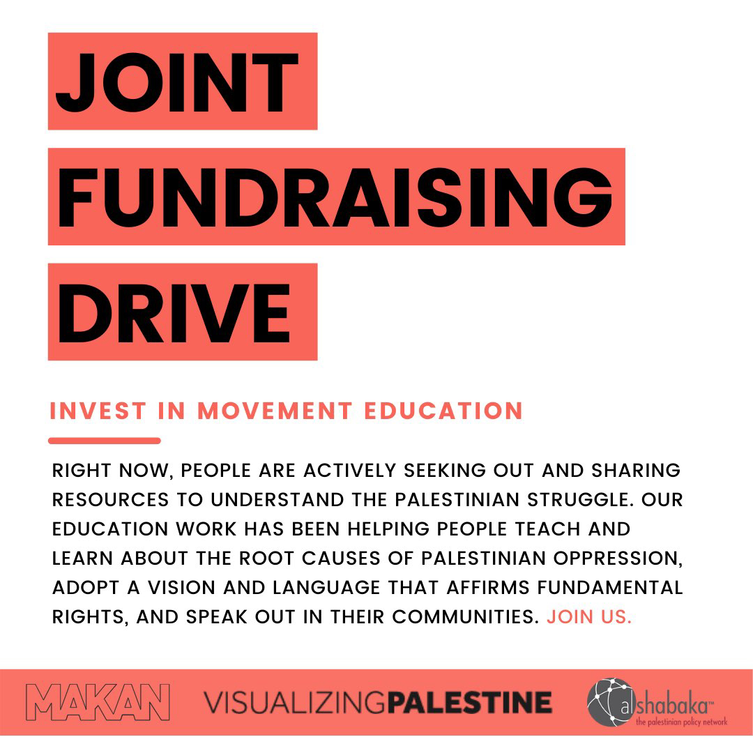 AlShabaka's tweet photo. WE NEED YOUR HELP!

Palestinian-led orgs Al-Shabaka, @visualizingpal &amp; @makanrights launch a joint fundraising campaign to support movement education &amp; justice work for Palestinian rights in the face of Israeli settler colonialism &amp; apartheid

Join us 👉 https://t.co/0zIgJr4HJ8 https://t.co/zLJ8MBraoq