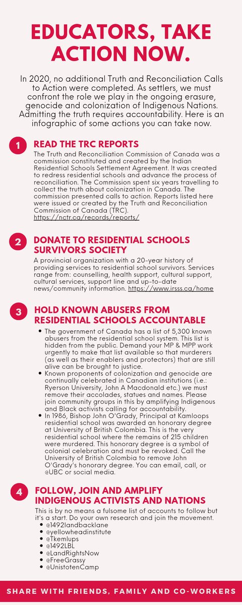 In 2020, no Truth and Reconciliation Calls to Action were completed. As educators &amp; settlers, we must confront the role we play in ongoing colonization and erasure. Below are some actions. This is by no means a fulsome list. 🧡✊🏽