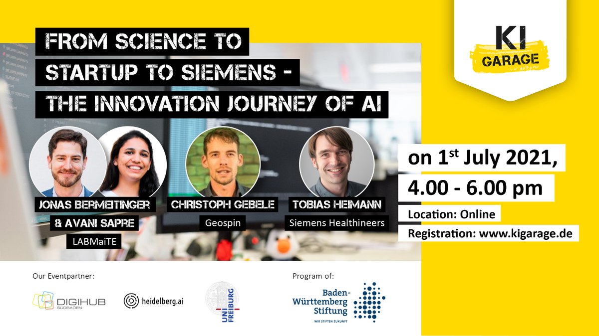 From Science to Startup to Siemens 👩‍🔬🛰️
...How? Join the innovation journey of AI on July 1st, 4 – 6 pm!
 
An interactively designed panel discussion and personal 1:1 session with the speakers and organizers await you. 
 
📢Register here: lnkd.in/dqGwxJi