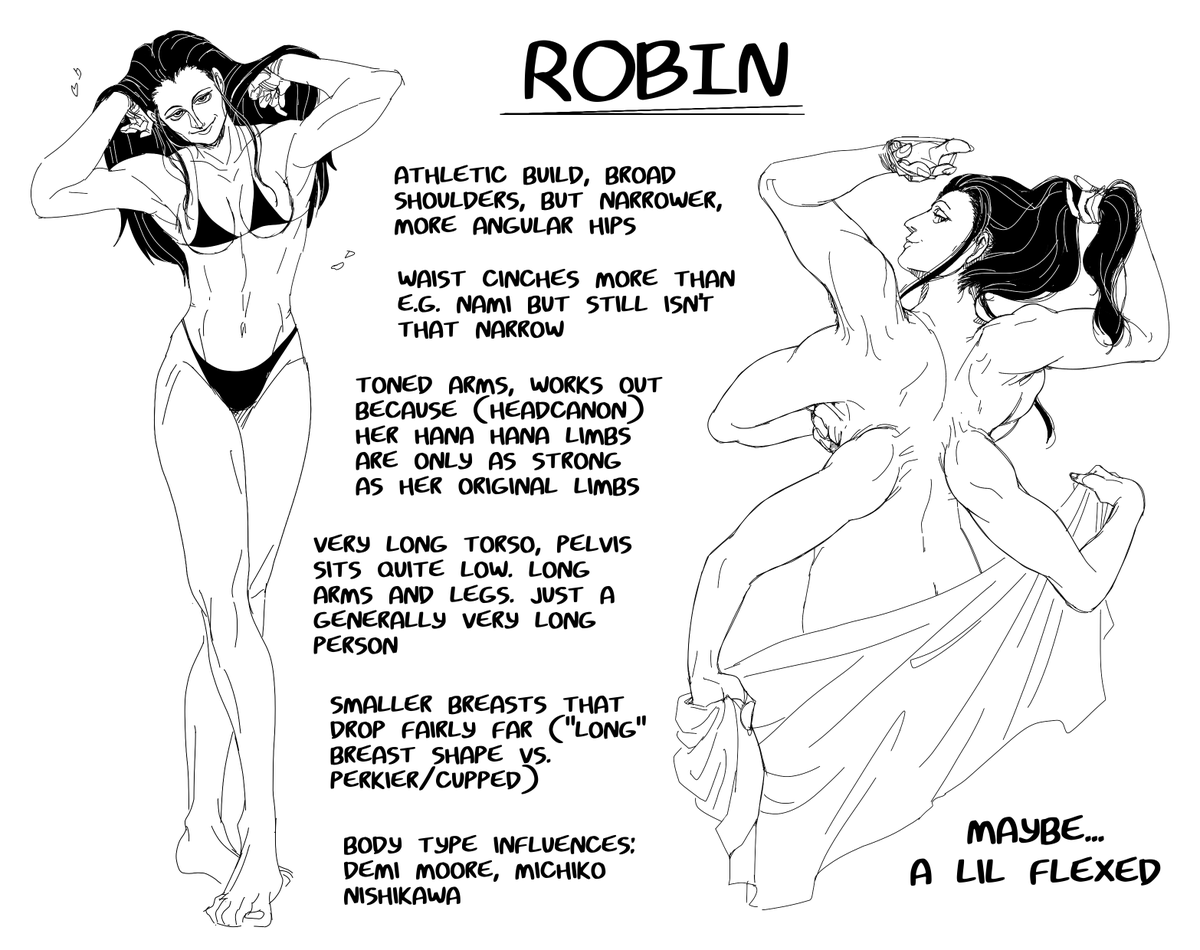 Aaand Robin. Maybe it's because Robin and Nami are so tied to 2000s trends to me but I see both of them as having the more "straight" body types of the era. Robin, though, is a little more angular, though I wouldn't call her curvy. A very athletic build, for her own protection. 