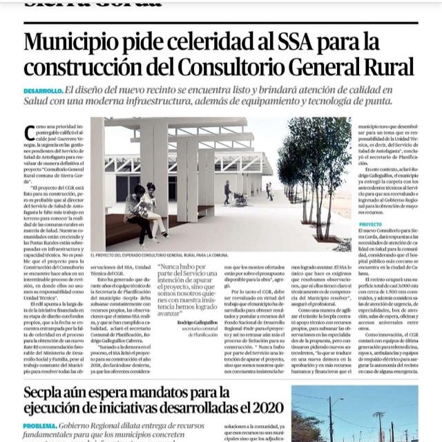 MuniSierraGorda's tweet photo. 🚩Prensa Regional
Municipio exige @ServSaludAfta celeridad en proceso administrativo para concretar ejecución del proyecto Consultorio General Rural para #SierraGorda, que espera listo hace años la aprobación final para su construcción. Más info ⬇ @GOREAntofagasta #Antofagasta https://t.co/UZ0WEZVadj