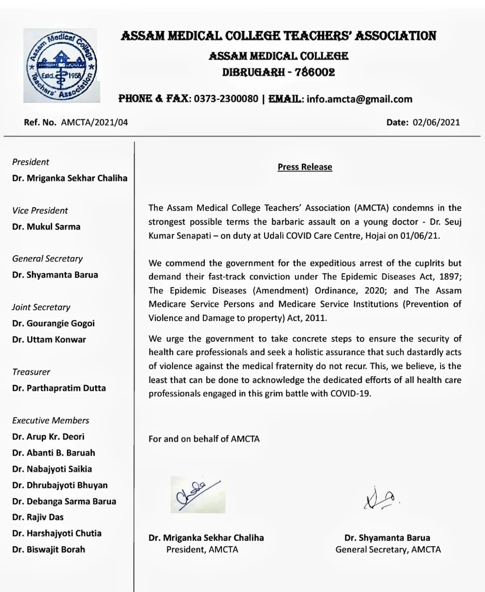 AMCTA_Official's tweet photo. The AMCTA condemns the dastardly assault on Dr. Senapati at Udali CCC, Hojai. We commend @assampolice for the expeditious arrest of the cuplrits but demand their fast-track conviction.
#StopViolenceAgainstDoctors
@himantabiswa 
@keshab_mahanta
@DGPAssamPolice 
@gpsinghassam https://t.co/XM25elkxhA