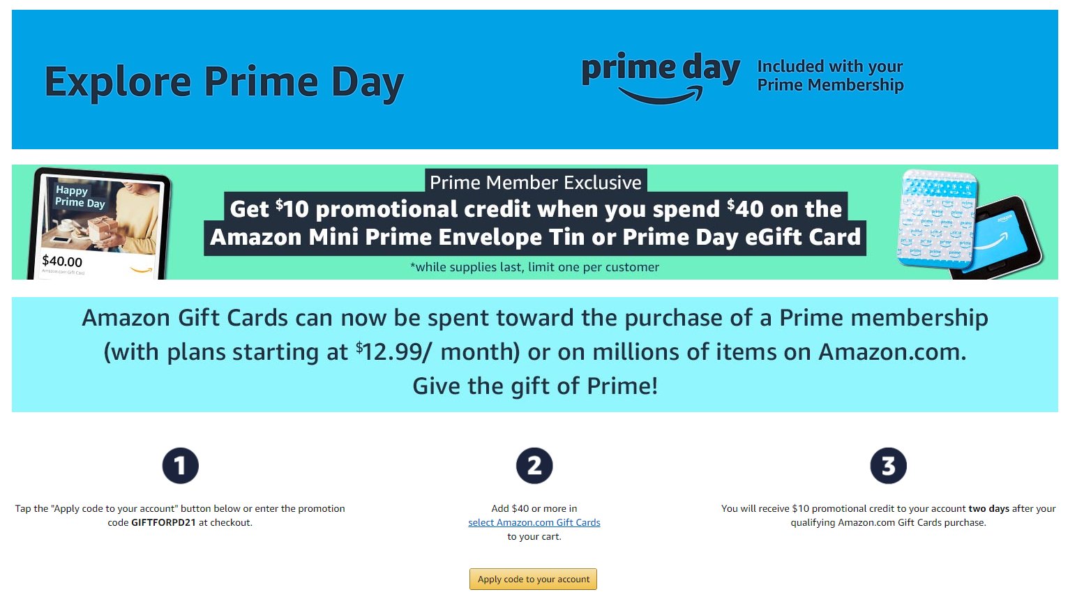 Wario64 on X: Receive $10 promotional credit with purchase of $40  gift  card for  Prime members (code GIFTFORPD21)   #ad  / X