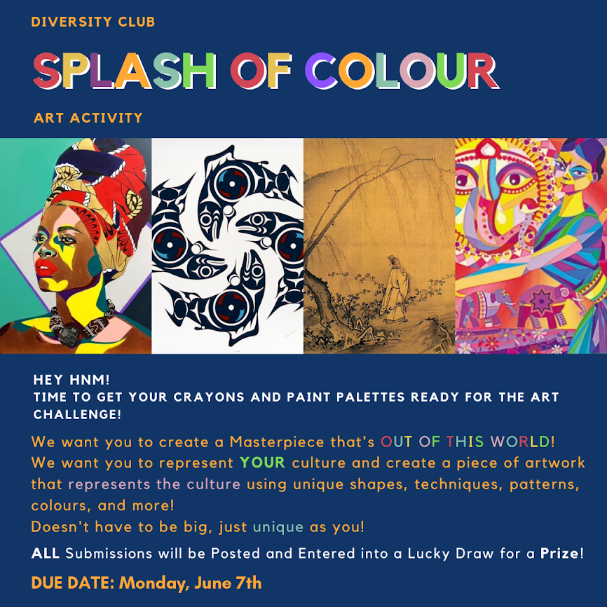 HNMCSS's tweet photo. Today is Day 3 of our HNM Multicultural Interfaith Harmony Week! @HNMCARES hosts an Interfaith quiz contest (open for 24 hours) and Diversity Club hosts a Splash of Colour cultural art activity for students to have some fun (due Monday). #Interfaith #multicultural #Diversity https://t.co/EdDUvGjoJx